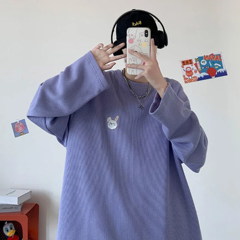 Kawaii Sweatshirts Women Cartoon Embroidery Waffle O-neck Hoodie Couples PopularCasual Streetwear Spring Cozy Stylish Popular