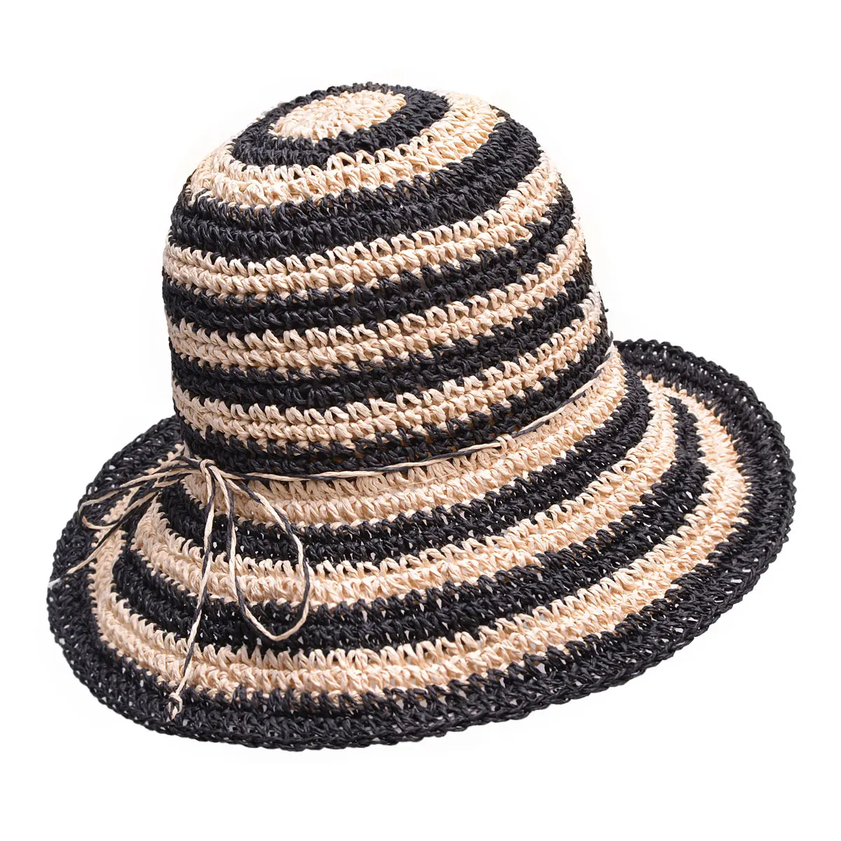 

Two tone stripes Women's Paper Crocheted Sun Bucket Style Crusher cloche sun Hat A415