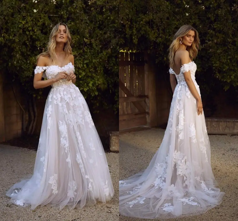 

New Country Boho Wedding Dresses 2020 Sexy Backless A Line Off Shoulder Appliqued Tulle Long Summer Bridal Gowns Bohemian