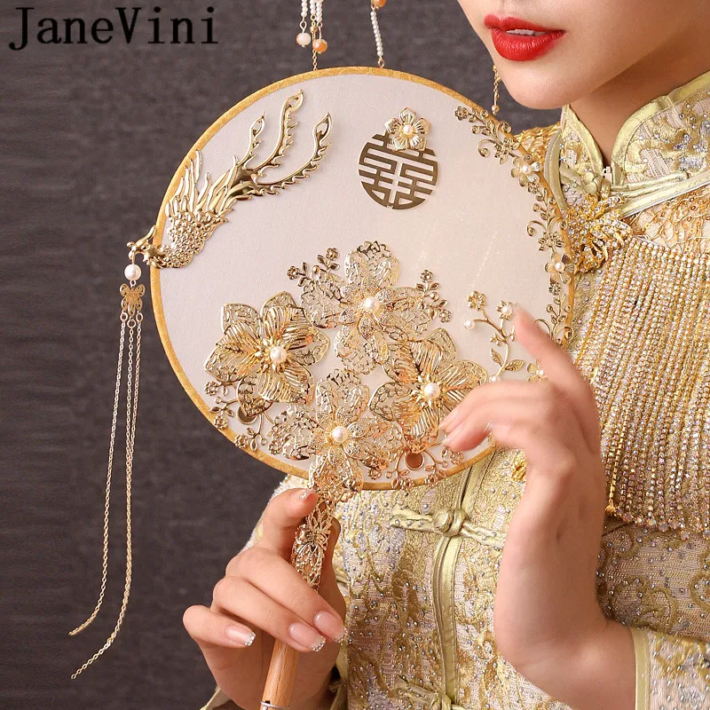 JaneVini Chinese Style Bridal Fan with Golden Tassels Gold Phoenix Pearls Ancient Bride Wedding Bouquet Fan Type Flowers 2021