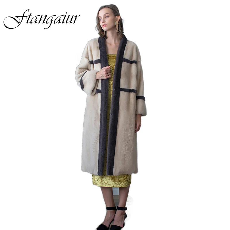 

Ftangaiur Winter Import Copenhagen Import Velvet Mink Fur Coat V-Neck Striped Overcoats Women's X-Long Slim Real Mink Fur Coats