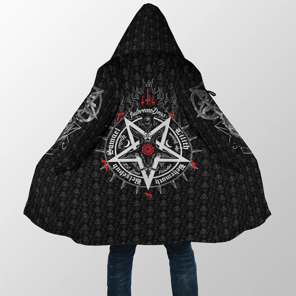 New Fashion Mens Hooded Cloak Satanic Symbol Tattoo 3D Print Fleece Coat Winter Thick Warm Cape Style - 4NF06