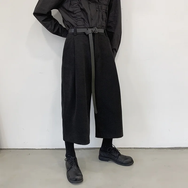 Winter dark wool material personality straight tube wide leg pants trend male loose large eight pants  [m-6xl!]