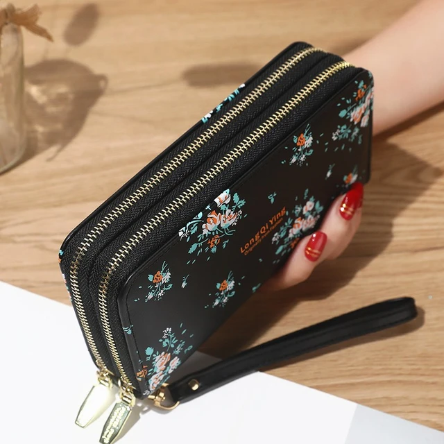 Carteras Con Cremalleras Dobles Para Mujer Monedero Largo Tarjetero Billetera Plegable Bolso De Mano Monedero De Flores Carteras AliExpress