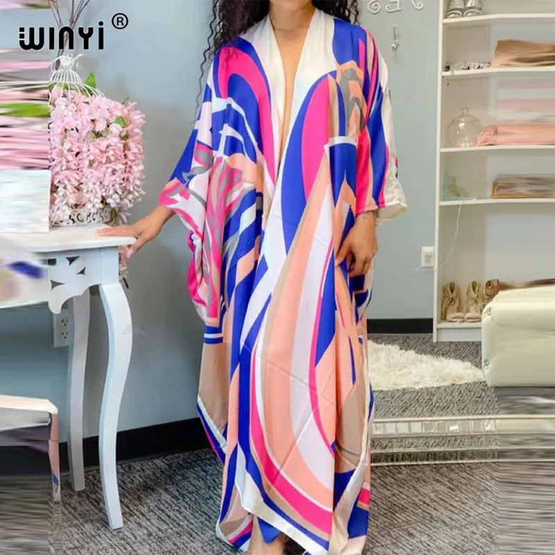 Saudi Arabia 2021 Summer Popular Traditional Kimono For Women Free Size European Printed Silk African Women Caftan Clothing