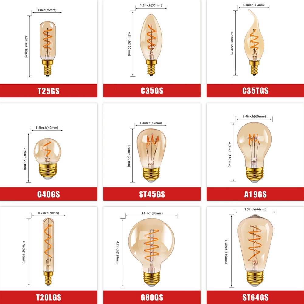 Hcnew-bombilla de filamento en espiral LED Retro, lámpara Edison Vintage, C35, C35T, G40, A19, T45, ST64, G95, T20L, 4W, blanco cálido, 220V, E14,