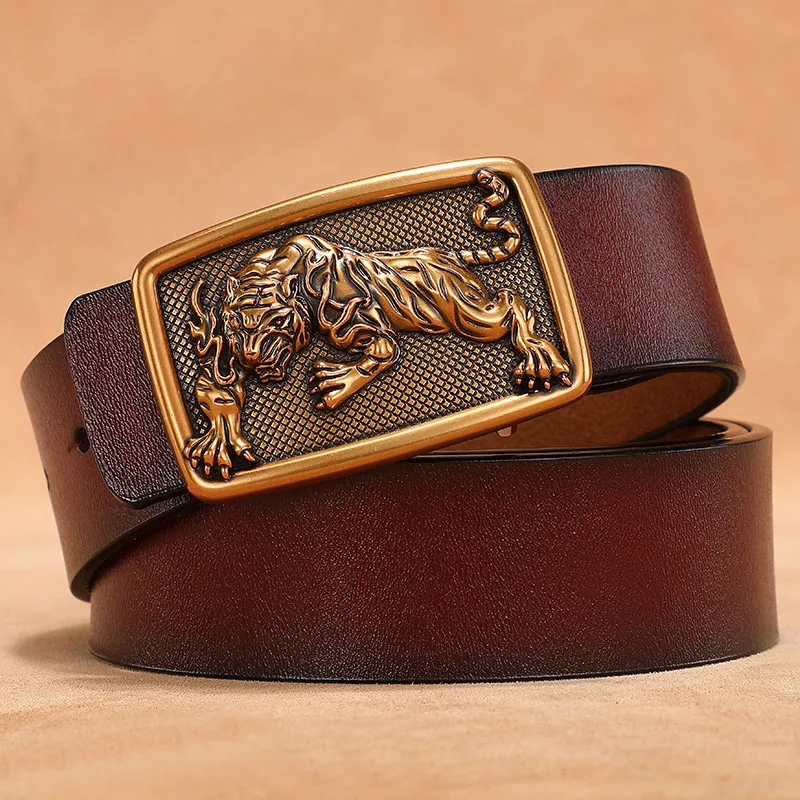 Silver Gold Tiger Animal Smooth Buckle Belt for Men Real Genuine Leather Cowskin Cowhide Plus Size 105 110 120 130cm 140cm 150cm