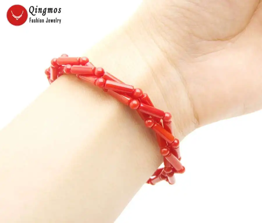 Qingmos Fashion 3*9mm Thick Slice Natural Red Coral Bracelets for Women with 3-4mm Round Coral Bracelet Jewelry 7.5\'\' bra487