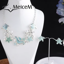 MeiceM 2021 New Women's Jewelry Woman Ocean Series Shell Starfish Hippocam Drop Necklace Enamel Necklaces for Women's Party Gift
