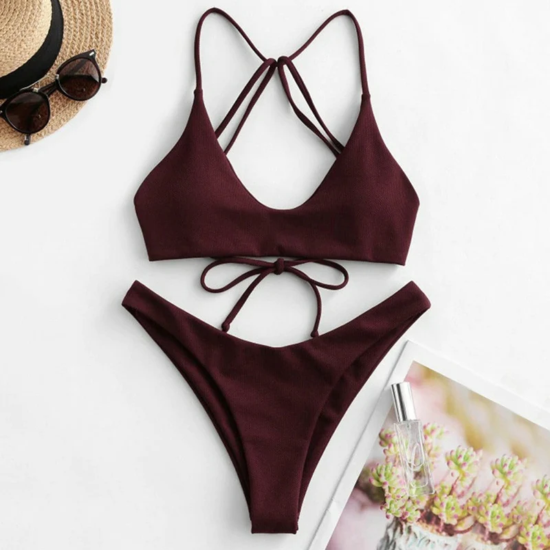 Triangle Bikini Set Two Piece Swimsuit,Women's Solid  Halter Trianglular Tie Side Bikini Set Two Piece Swimsuits