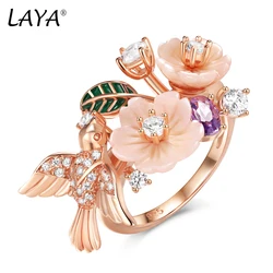 Laya 925 Sterling Silver Summer Hot Style Luxury Jewelry High Quality Zircon Natural Shell Flower Leaf Enamel Ring For Women