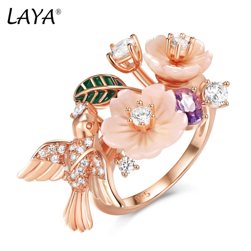 Laya 925 Sterling Silver Summer Hot Style Luksusowa biżuteria Wysokiej jakości cyrkonia Naturalna muszla Kwiat Liść Emalia Pierścionek dla kobiet