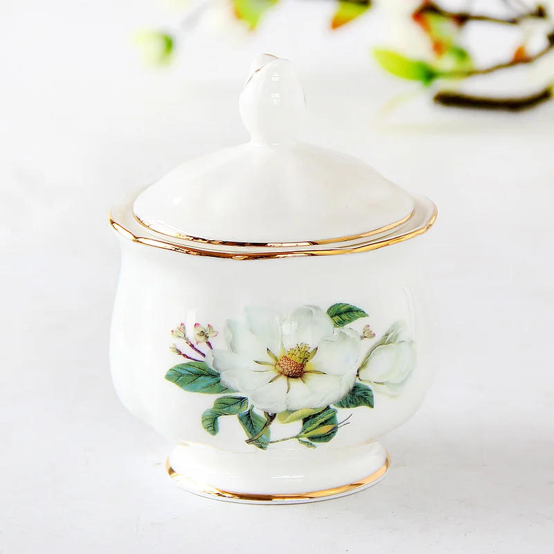 Sugar Bowl, Europe Style Bone China Coffee Set Accessory, Storage Container, Pot with Lid, Caddy, Kitchen Seasoning Box