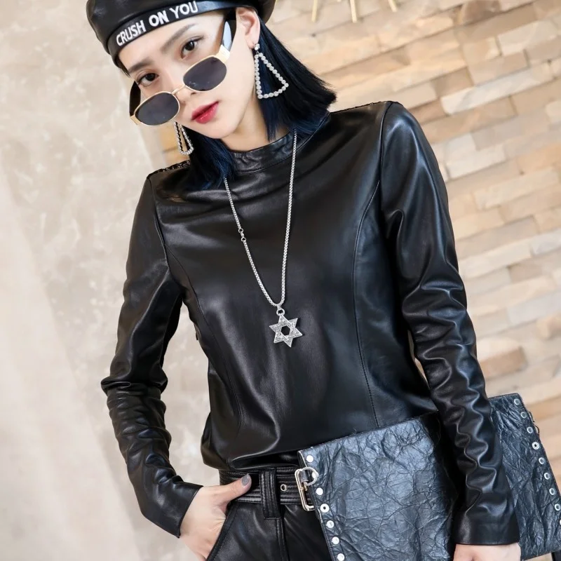 Style Punk Women Long Sleeve Stand Collar Sheepskin Genuine Leather T-Shirts Biker Slim Fit Back Lace Hollow Out Sexy Tees Tops