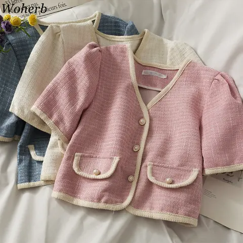 Woherb Korean Vintage Women Plaid Coat Summer Short Sleeve V-neck Tweed Jackets Chic Ladies Fashion Jacket Tops Femme 2026