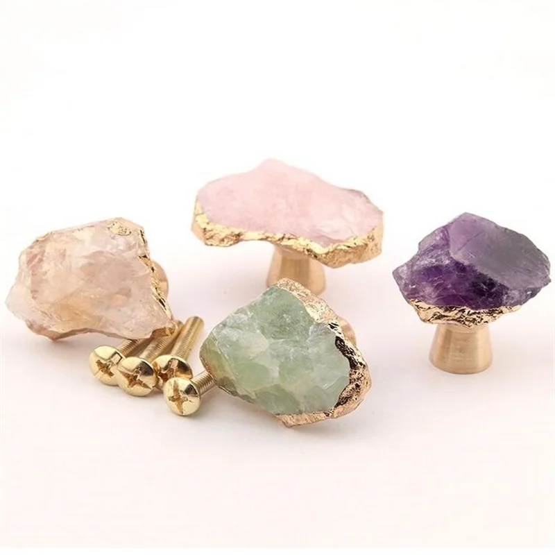 Amethyst Fluorite Pure Brass Handle Drawer Closet Door Furniture Pulls Shoe Cabinet Door Knob Single Hole Small Handles