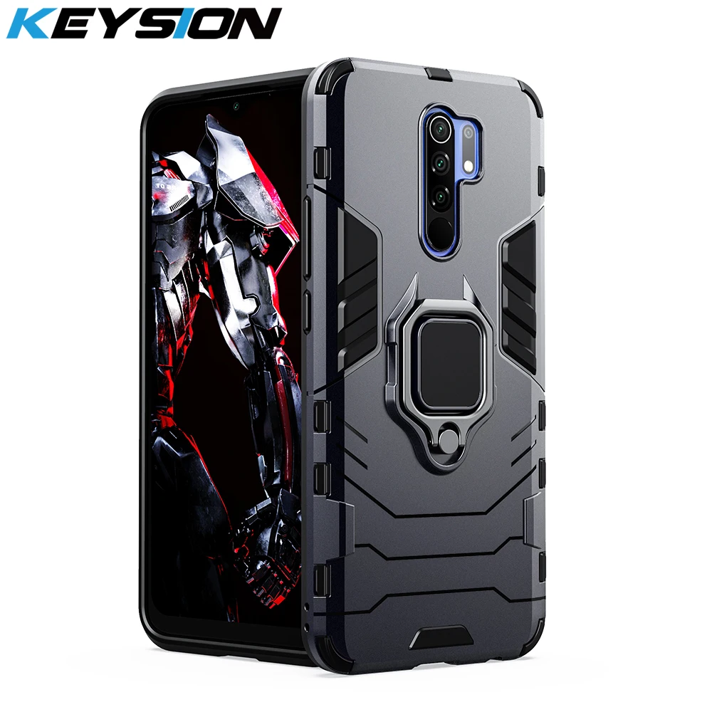 KEYSION Shockproof Armor Case for Redmi 9 Ring Stand Silicone Phone Back Cover for Xiaomi Redmi Note 9 Pro Max 9S 8 Pro 8 8A 8T