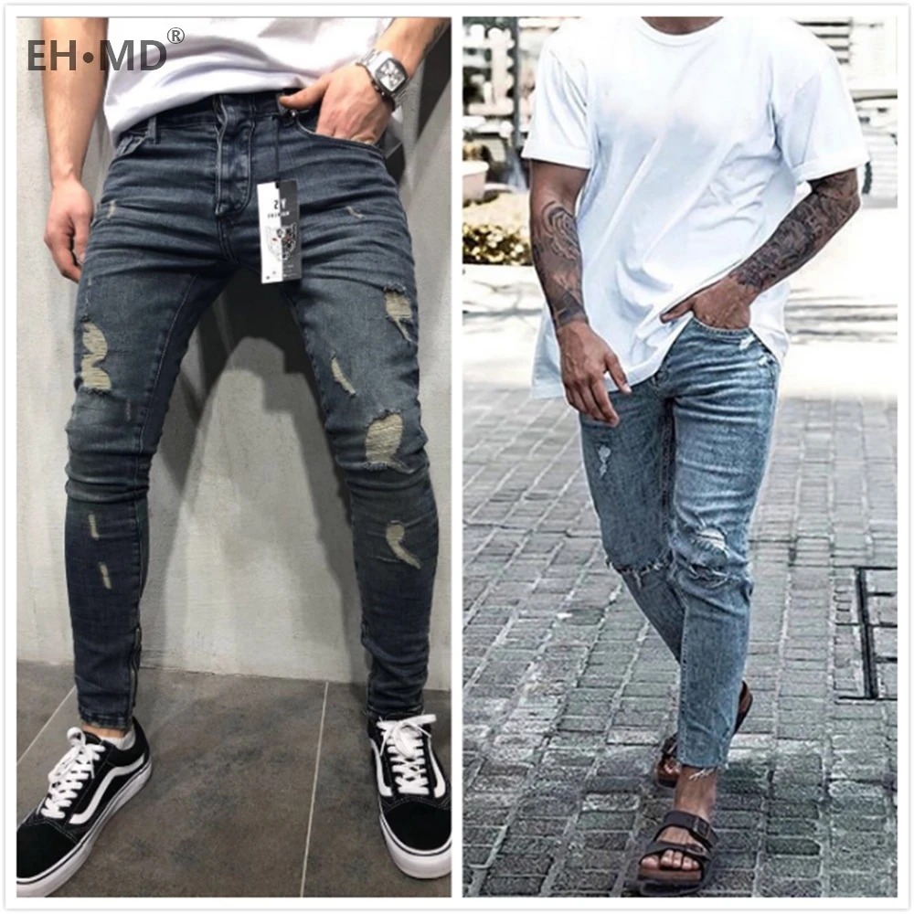 EH · MD® Ripped Jeans Men's Hole Customized High Street Urban Stretch Pants Slim Fit Light Blue and Green Zip Ankle Cotton Tide