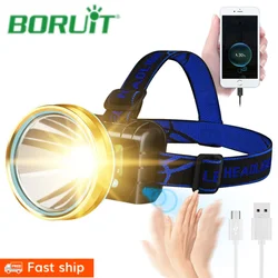 BORUiT Powerful Motion Sensor Headlight Yellow/White LED Headlamp Built-in 18650 2400mA Battery USB Rechargeable Emergency Light