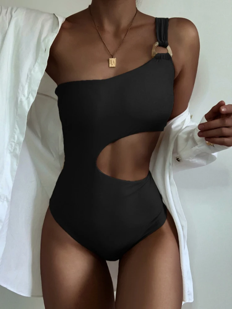 ZAFILLE Solid One Piece Swimsuit Women Swimwear One shoulder Bodysuit Bikini Cut Out Women's Bathing Suit Monokini Summer