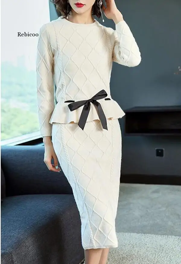 High-end Ladies Knitted Skirt Suit Female Autumn and Winter Sashes Bow tie Long-sleeved O-neck Sweater and Split Skirt Sets