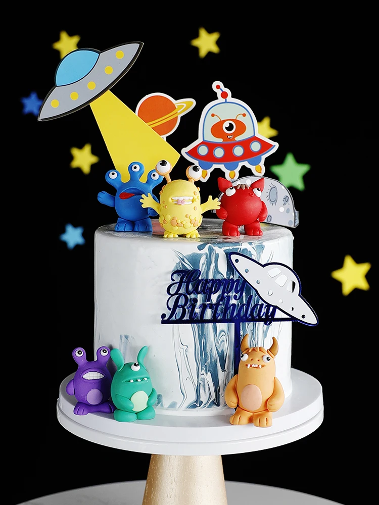 Little Monster Space Theme Party Cake Decoration Children's Day Birthday Dessert Dress Up Alien Doll Soft Pottery Baking Supplie