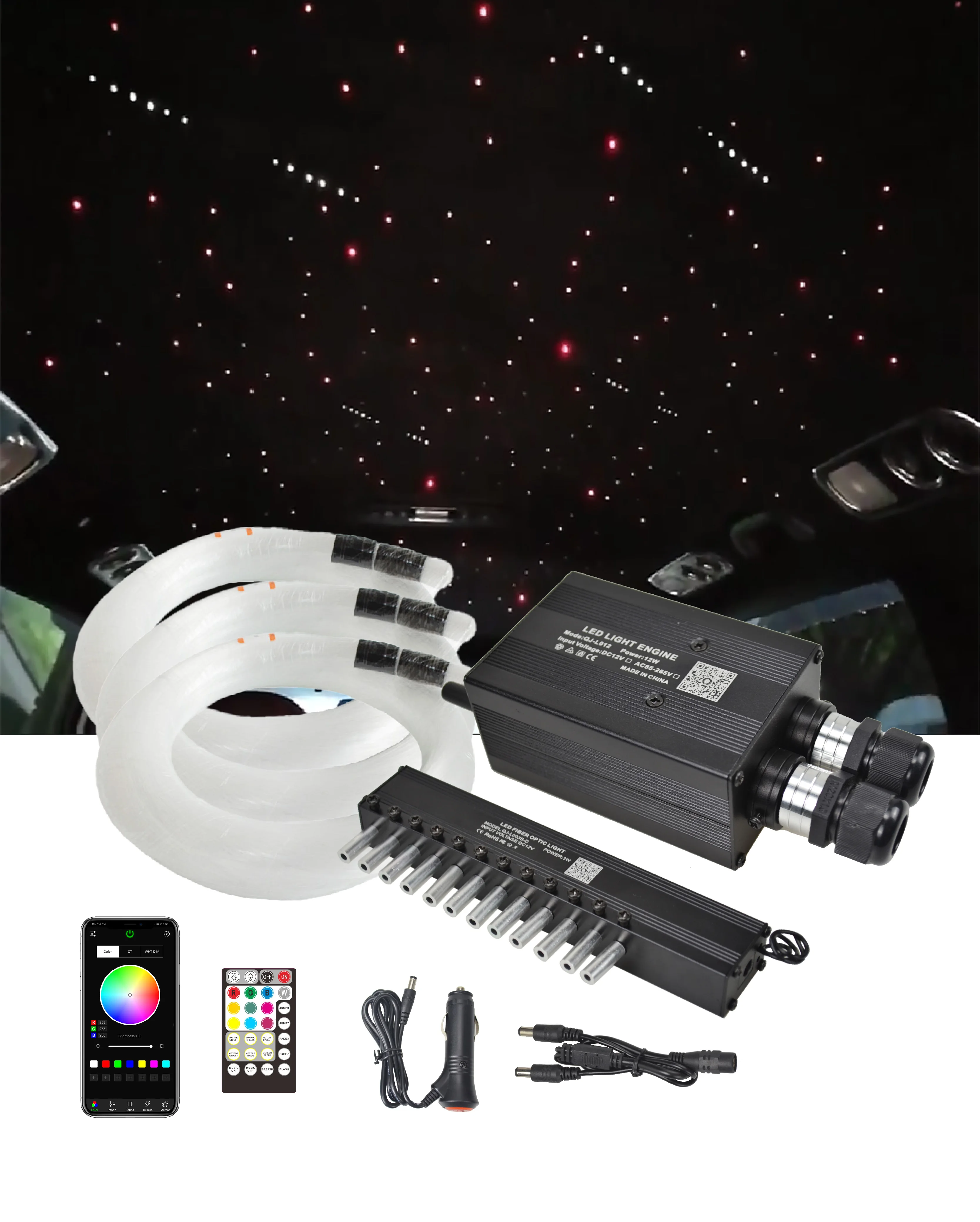 Imagem -04 - Kit Estrela Teto Led com Controle Remoto Cintilação Fibra Óptica Telhado do Carro Estrela Cadente Conector Duplo App 12w