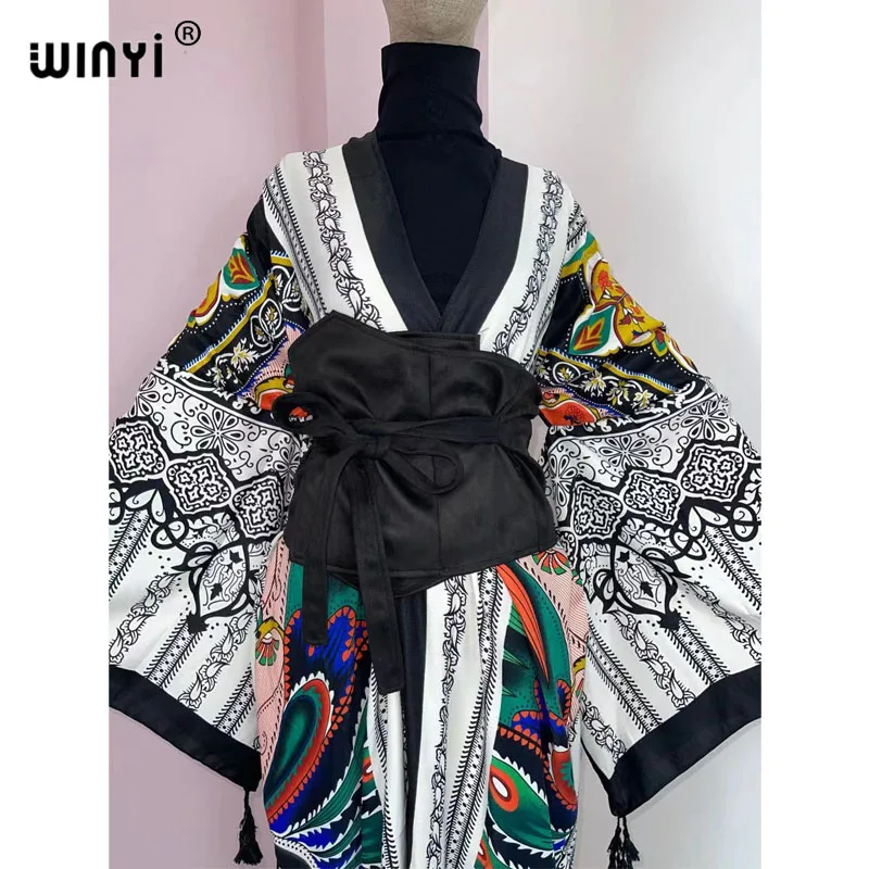 WINYI 2022 kobiety kimono moda w stylu Vintage Totem kwiatowy kaftan drukuj talia seal koszula Midi sukienka z długim rękawem Casual Slim Vestidos