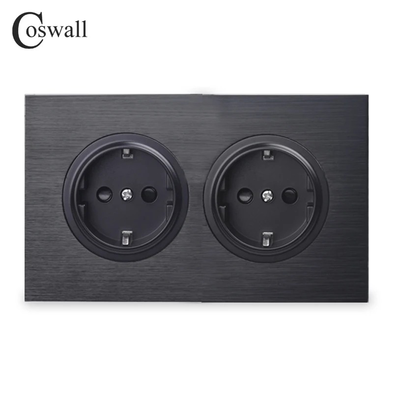 Coswall Black / Silver Grey Aluminum Panel 16A Double EU Standard Wall Power Socket Grounded With Child Protective Lock 146 Type