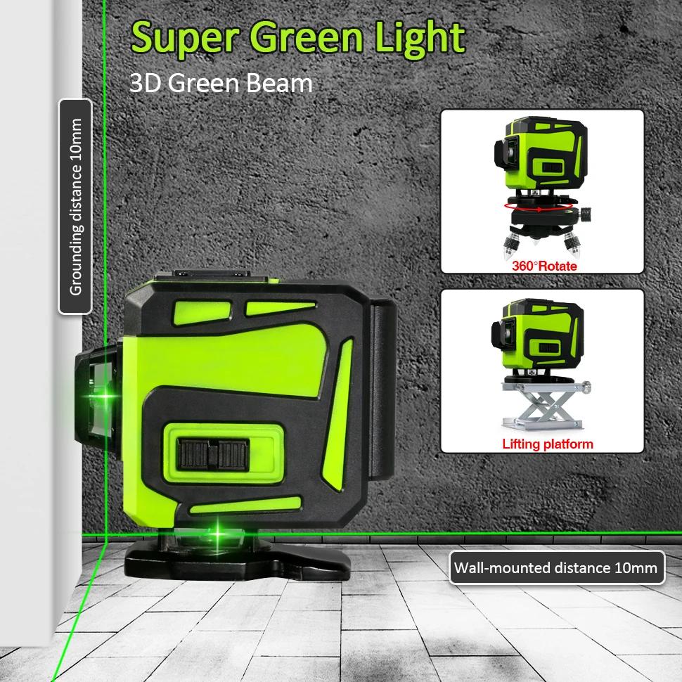 Clubiona IE12C ชุด360ฐานหมุนสีเขียว Cross Line เลเซอร์ระดับ3D Cross Line เลเซอร์ด้วยรีโมทคอนโทรล