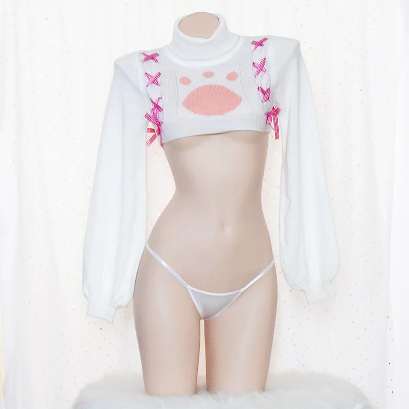 

Lolita Bondage Bowknot Turtleneck Collar Cat Claw Pattern Knitting Sweater Top and Panty Underwear Anime Cosplay Sexy Lingerie