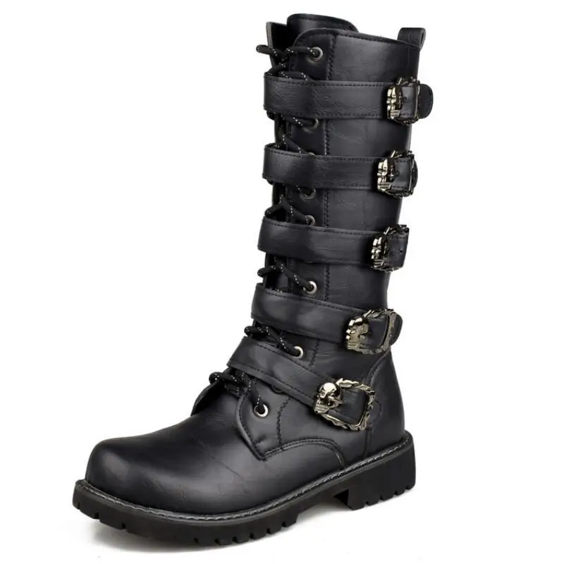 Size 38-46 Men\'s Leather Motorcycle Long Boots Mid-calf Breathable Combat Gothic Belt Punk Boots Men Shoes Rock Punk Shoes