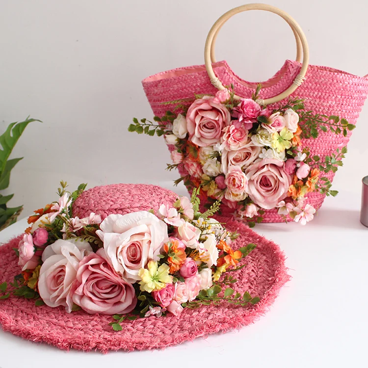 women summer beach rattan handbag Bohemia style holiday casual colorful artificial flower weave straw tote handbag and hat suit