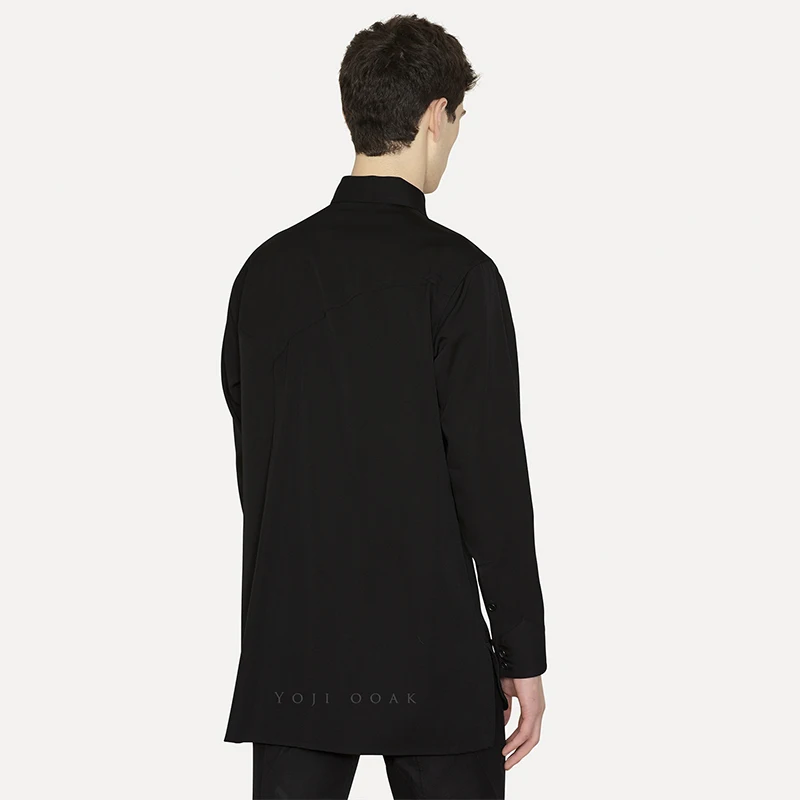 Men's Long-Sleeved Shirts Spring/Summer Pure Black Shirt Symmetrical Pocket Long-Sleeved Shirt Jacket Overalls Square Collar