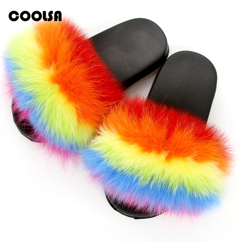 ฤดูร้อน Fluffy Raccoon Fur สไลด์เด็กรองเท้าแตะ Furry ขนสุนัขจิ้งจอกจริง Flip Flops แบนเด็กสายรุ้งรองเท้าผู้หญิงรองเท้าแตะขนฟู