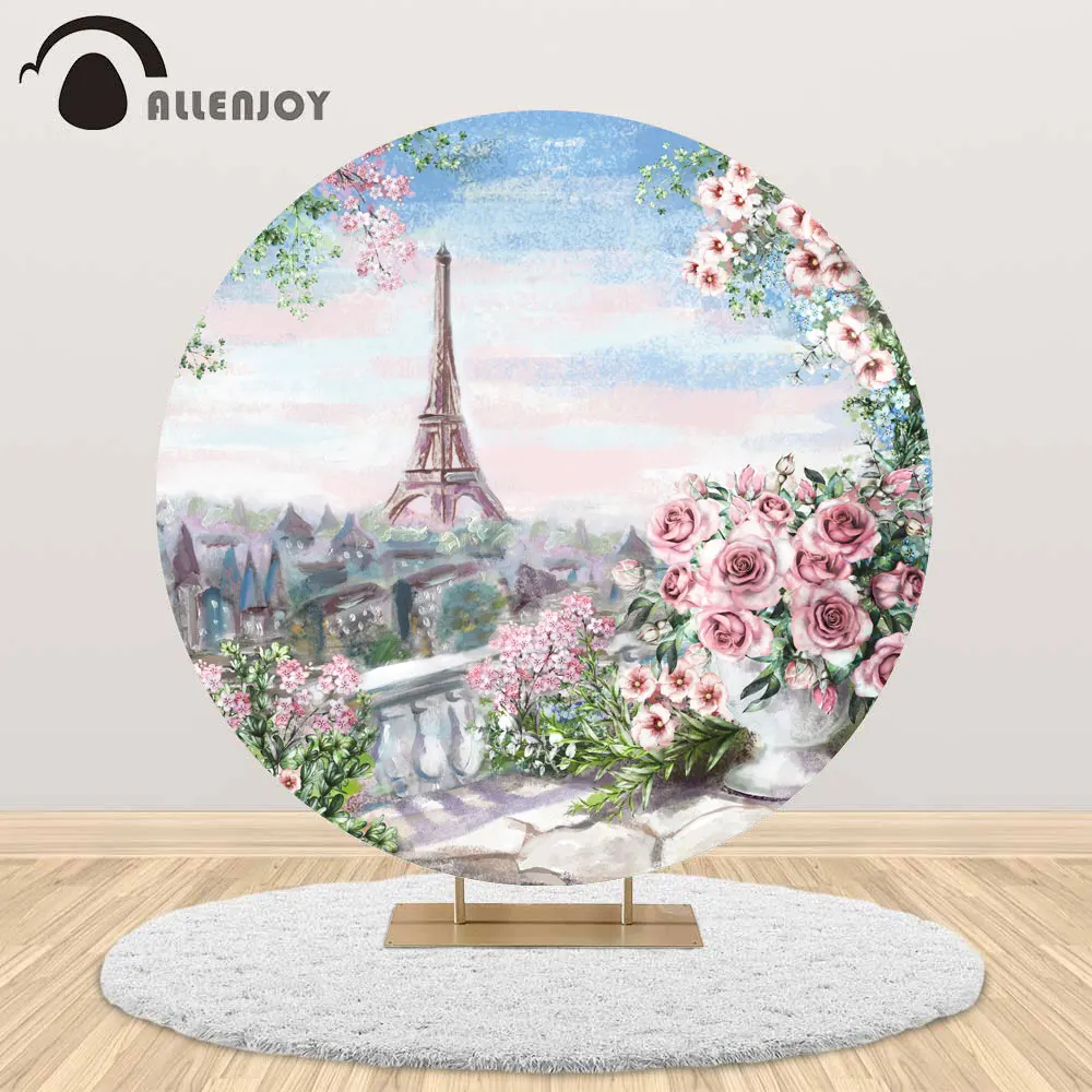 Allenjoy Eiffel Tower wedding round backdrop rose vintage painting Valentine's Day Bridal shower photocall boda circle cover