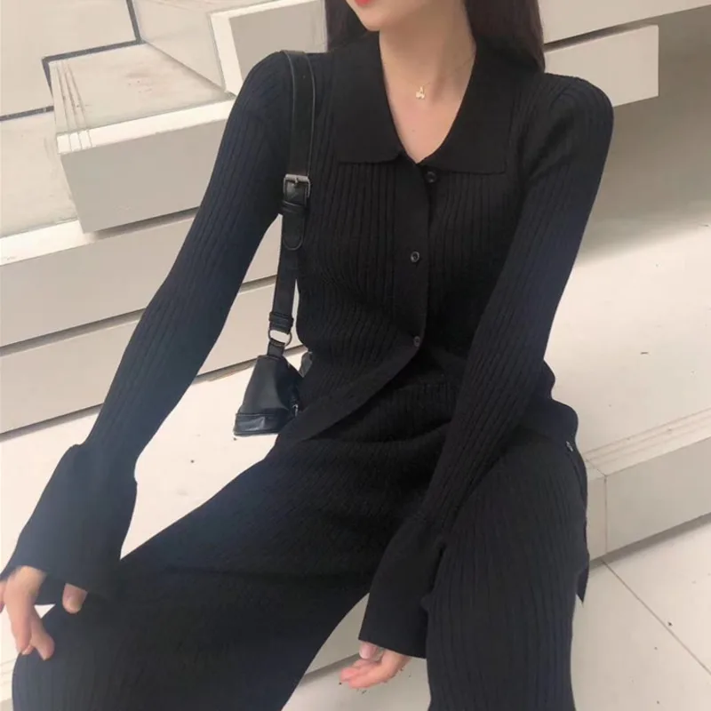 Fashion Knitted Cardigan Coat + Wide Leg Pants Suit Women Casual Two-piece Trouser Set Autumn New Sweater Tracksuit