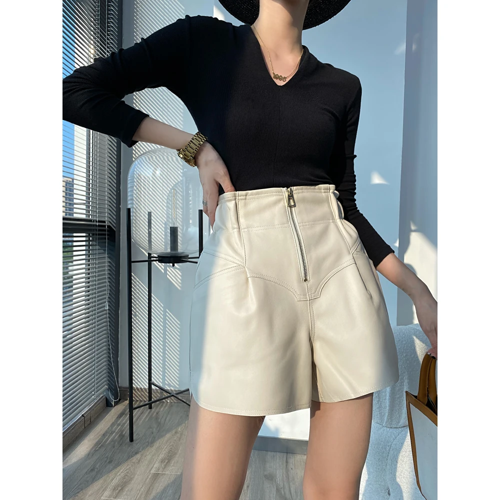 Genuine Leather Shorts For Women 2021 Elegant Flower Bud High Elastic Waist White Pants Female Side Pockets Casual Pantalones