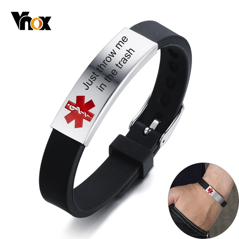 Vnox Just throw me in the trash Medical Alert ID Bracelets for Men Women Custom Stainless Steel Adjustable Silicone Rudder Band