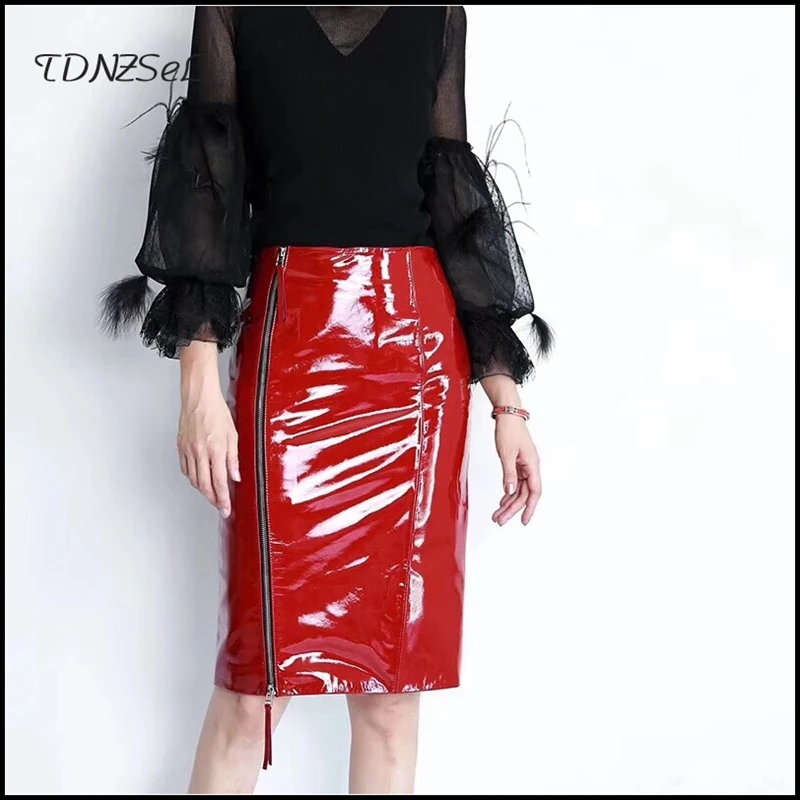 Women's High Waist Latex Faux Leather Skirts Zipper Split Office Lady Red Black Midi Pencil Skirt Party Shiny PU Skirts Custom