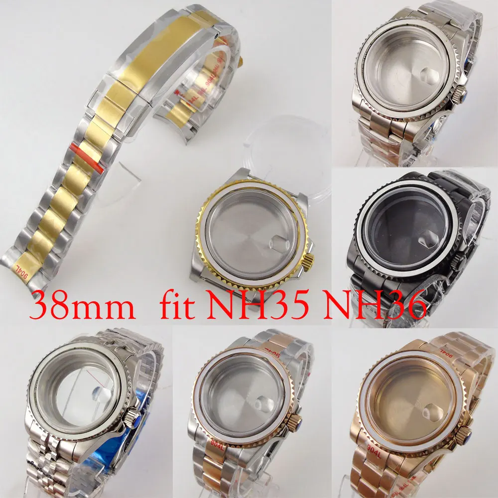 

fit NH35A 38MM Rose Gold Black Watch Case Steel Band Glass Back Screw Crown Rotating Bezel Sapphire Glass