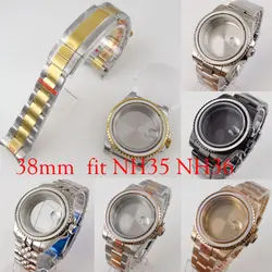 fit NH35A 38MM Rose Gold Black Watch Case Steel Band Glass Back Screw Crown Rotating Bezel Sapphire Glass