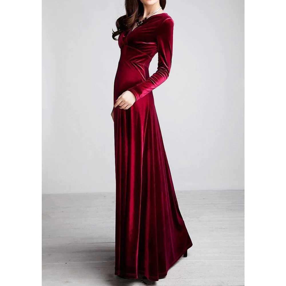 Plus Size 4XL 5XL Women Winter Dress Long Sleeve V-Neck Long Maxi Velvet Dresses Elegant Ladies Formal Party Red Dresses black