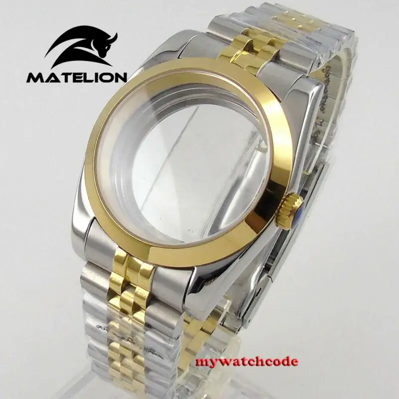 

Polish 36mm sapphire glass yellow golden two tone Watch Case fit NH35 NH36 NH38 jubilee strap