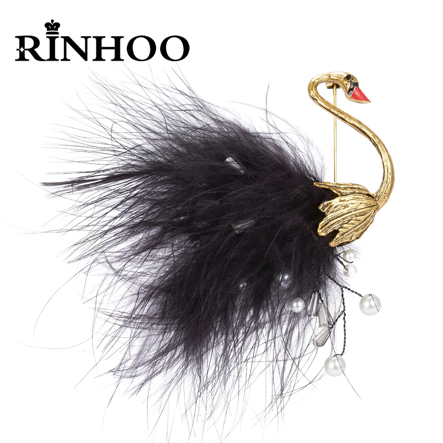 Rinhoo Crystal Imitation Pearl Animal Brooches Women Bird Elegant Pins Rhinestone Corsage Party Jewelry Vintage Feather Brooches