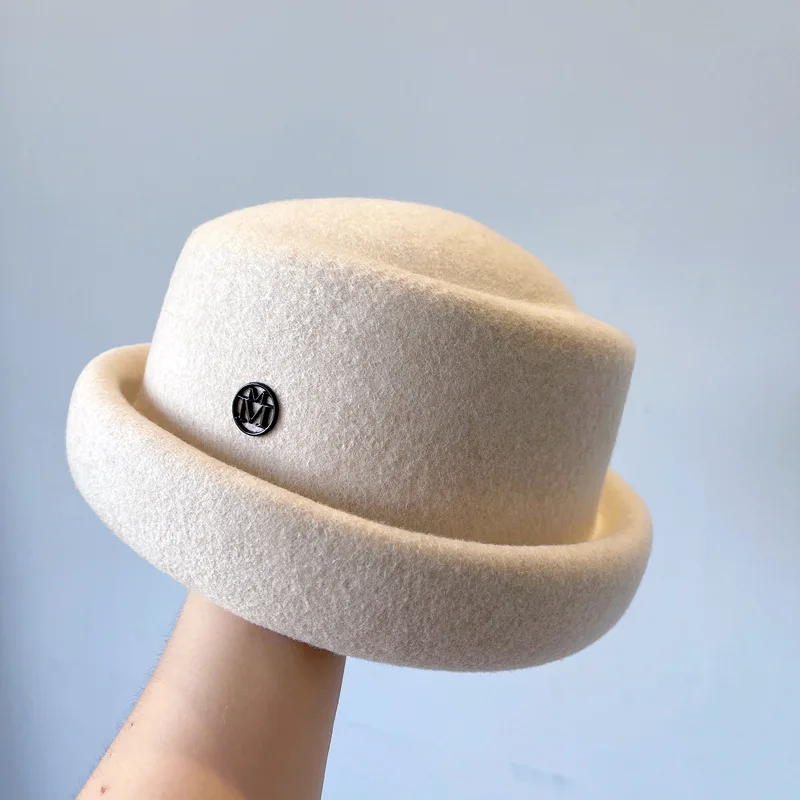 New Australian Wool Autumn Winter Designer Cap French Vintage Felt Hat Women Elegant Concave Fedora Luxury Stewardess Hat Bone