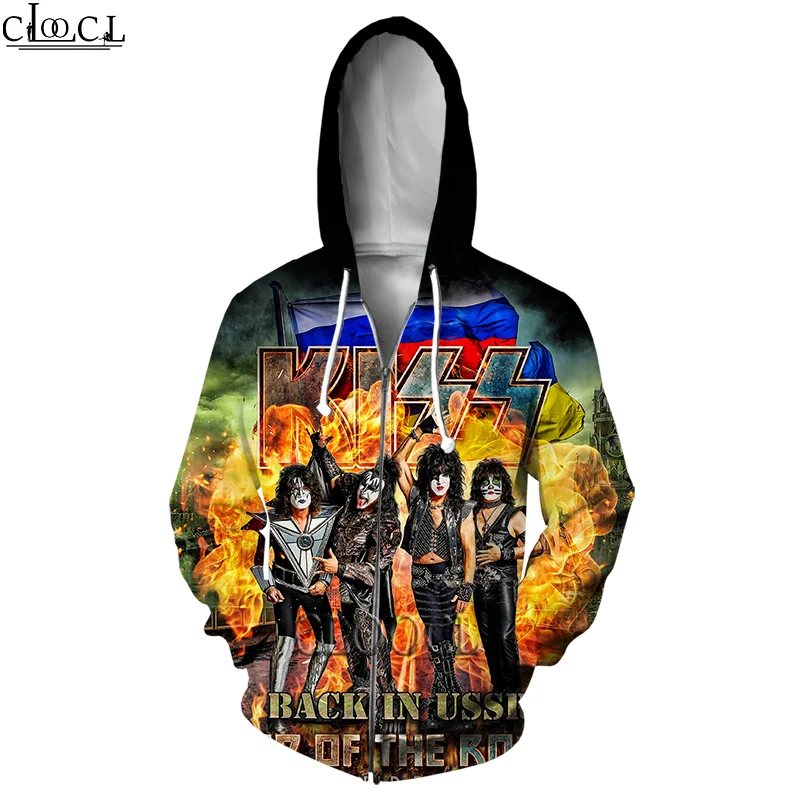 HX Newest Rock Kiss Band Popular Zipper Hoodies Streetwear 3D Print Men Women Hip Hop Unisex Harajuku Zip Hoody Pullover Tops