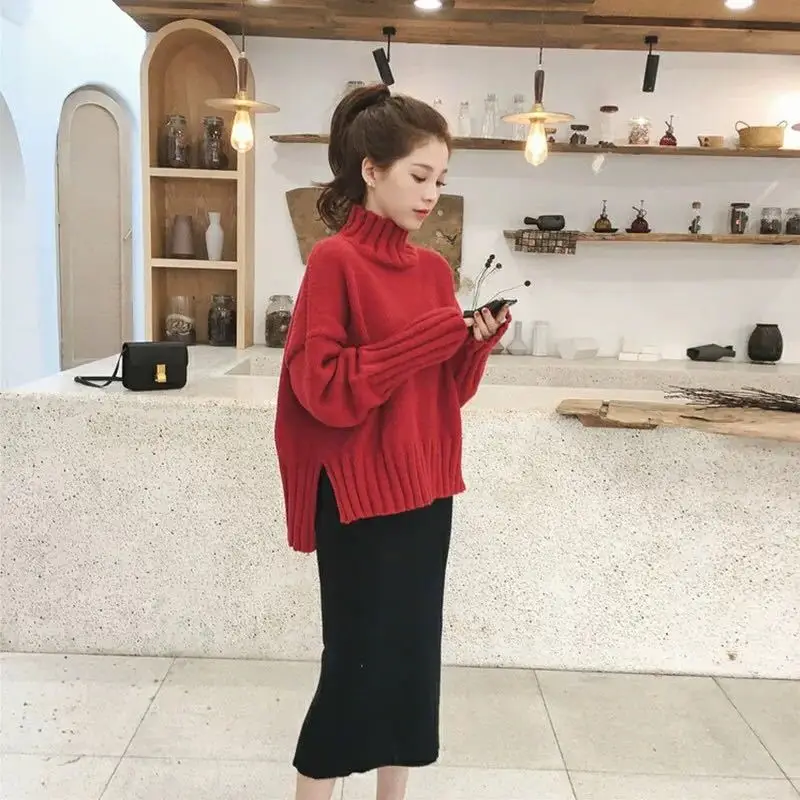 2023 Fashion Women's New Autumn Winter High Neck Pullover Women Loose Knit Sweater Outer Wear Lazy Wind Top Split Sweater Femme