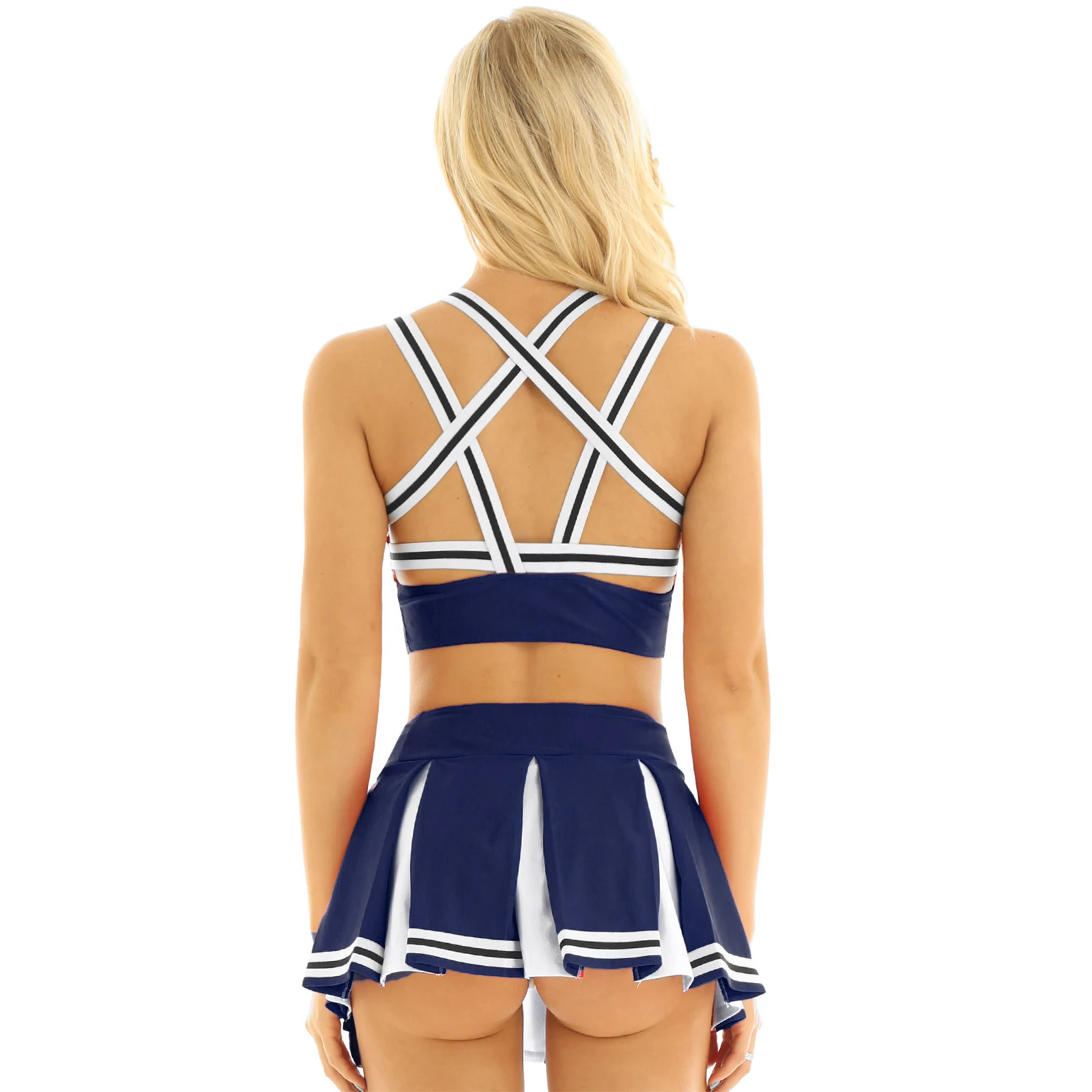 2Pcs Womens Adult Cheerleader Costume Charming Cheerleading Carnival Cheering Dance Suit Outfit Crop Top with Mini Pleated Skirt