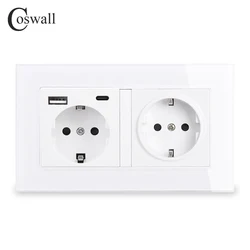 COSWALL EU Russia Spain Standard Wall Power Socket Grounded USB Type A & Type-C Charge Port Tempered Glass Panel White C1 Series